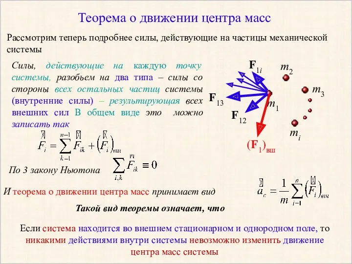 Теорема о движении центра масс Рассмотрим теперь подробнее силы, действующие