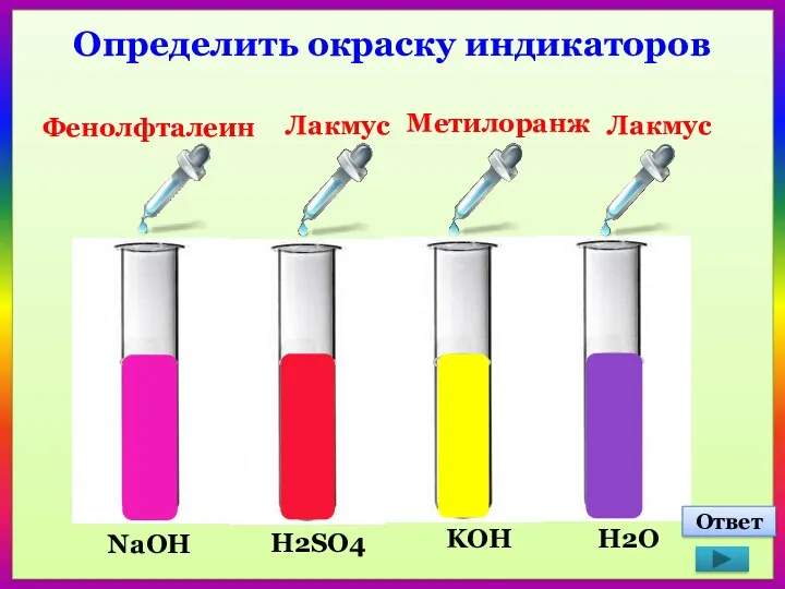 Определить окраску индикаторов NaOH H2SO4 KOH H2О Фенолфталеин Метилоранж Лакмус Лакмус Ответ