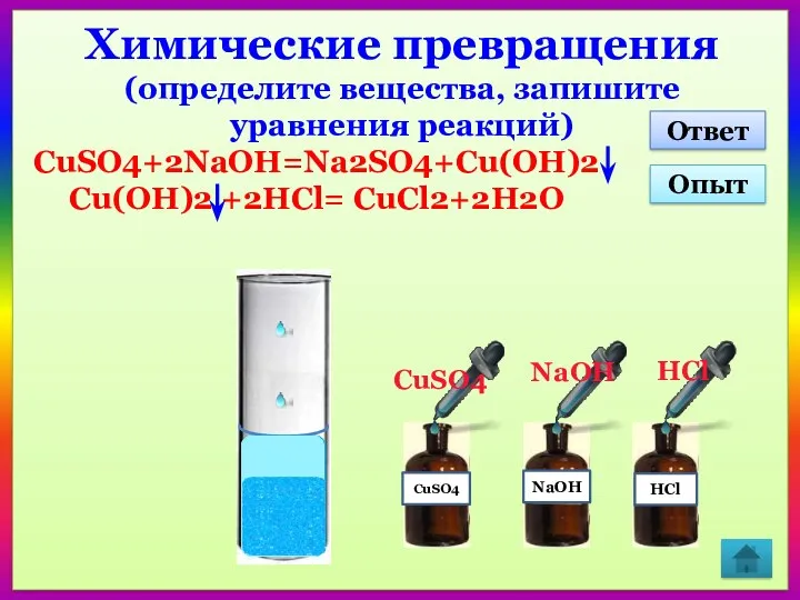 Химические превращения (определите вещества, запишите уравнения реакций) CuSO4 NaOH HCl