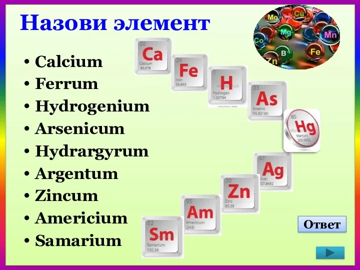 Назови элемент Calcium Ferrum Hydrogenium Arsenicum Hydrargyrum Argentum Zincum Americium Samarium Ответ