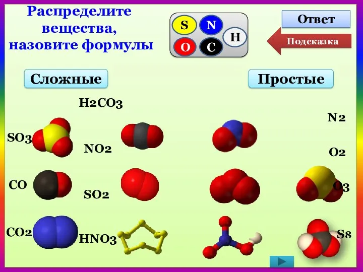 Распределите вещества, назовите формулы Простые Сложные Ответ SO3 CO CO2