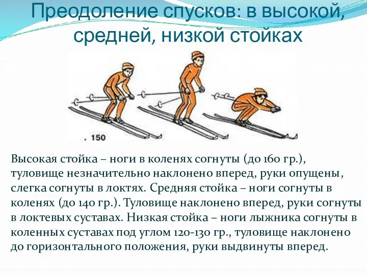 Преодоление спусков: в высокой, средней, низкой стойках Высокая стойка –