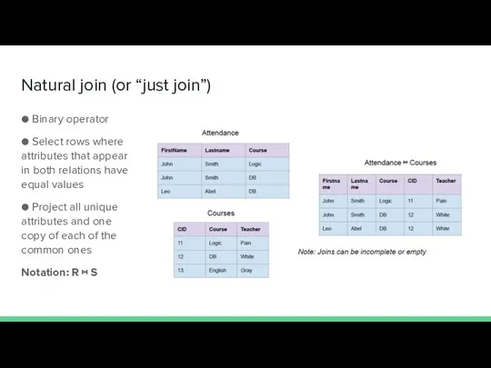 Natural join (or “just join”) ● Binary operator ● Select