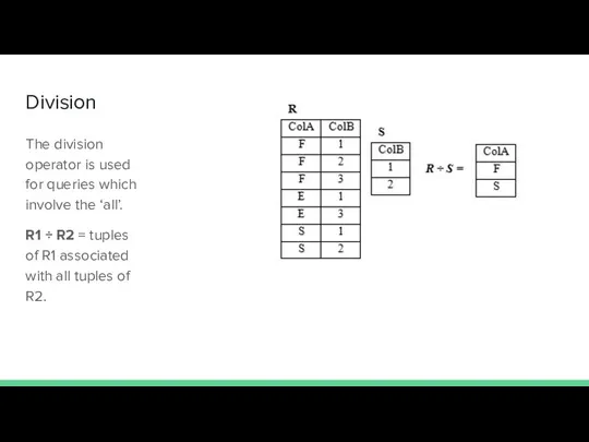 Division The division operator is used for queries which involve