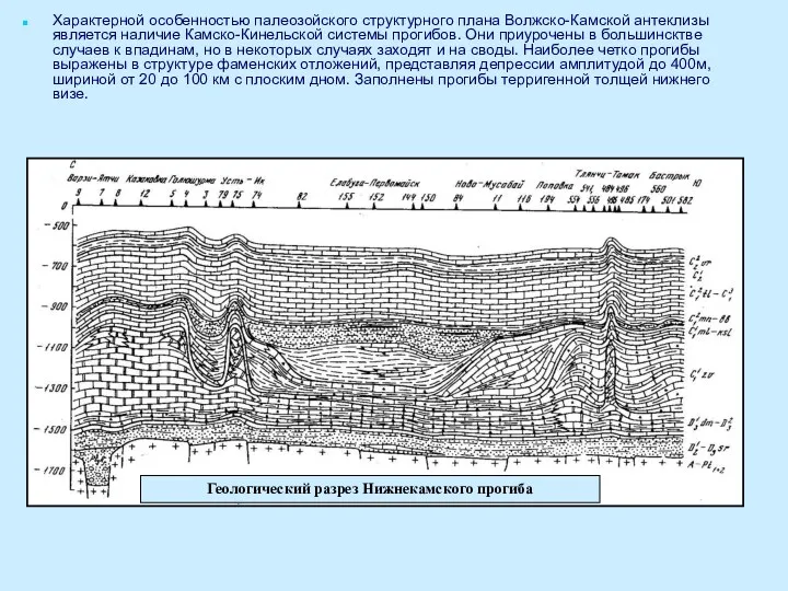 Характерной особенностью палеозойского структурного плана Волжско-Камской антеклизы является наличие Камско-Кинельской системы прогибов. Они