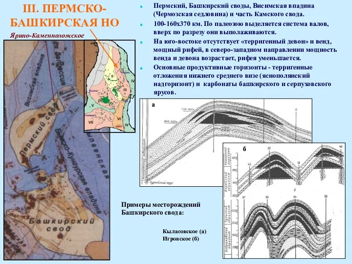 Пермский, Башкирский своды, Висимская впадина (Чермозская седловина) и часть Камского свода. 100-160х370 км.