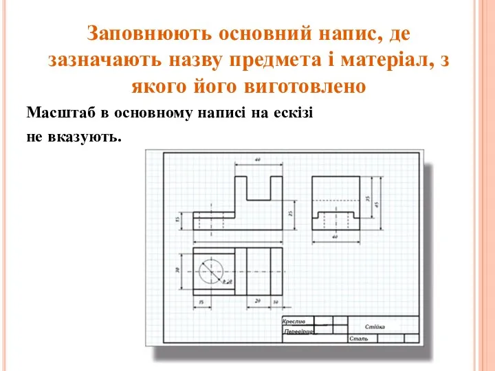 Заповнюють основний напис, де зазначають назву предмета і матеріал, з