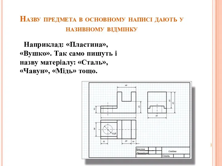 Назву предмета в основному написі дають у називному відмінку Наприклад: