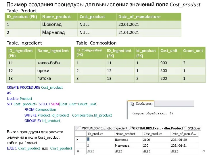 Пример создания процедуры для вычисления значений поля Cost_product Table. Product