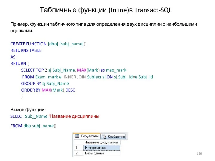 Табличные функции (Inline)в Transact-SQL Пример, функции табличного типа для определения