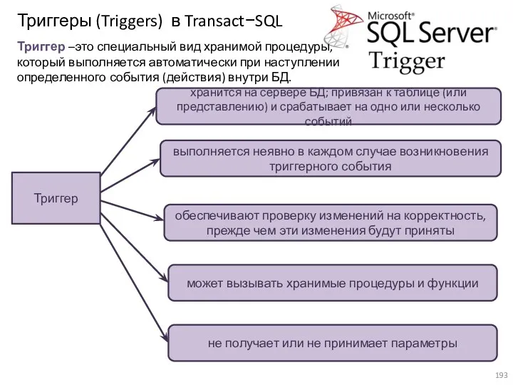 Триггеры (Triggers) в Transact−SQL Триггер –это специальный вид хранимой процедуры,