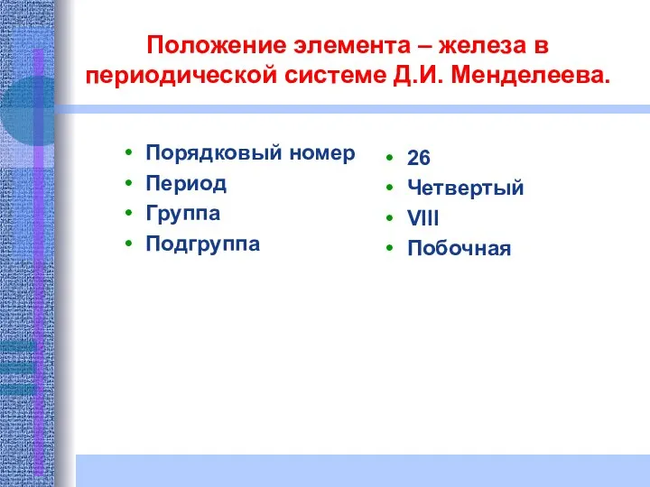 Положение элемента – железа в периодической системе Д.И. Менделеева. Порядковый