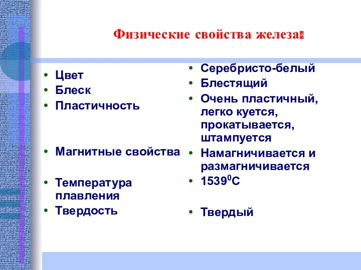 Физические свойства железа: Цвет Блеск Пластичность Магнитные свойства Температура плавления