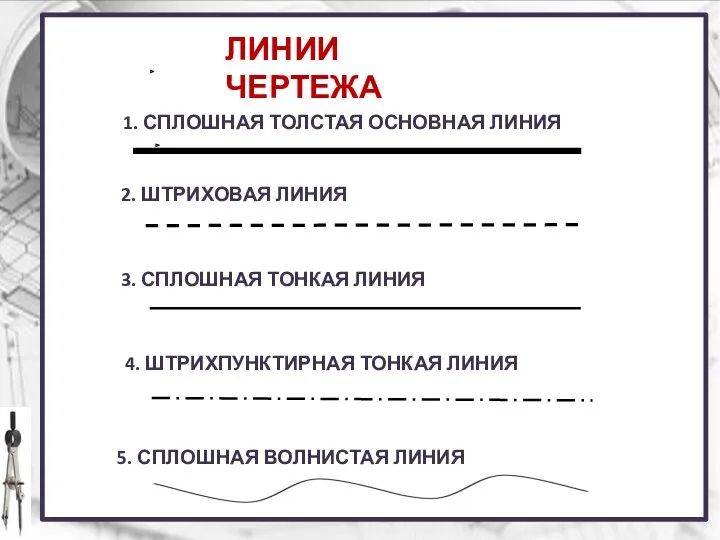 ЛИНИИ ЧЕРТЕЖА 2. ШТРИХОВАЯ ЛИНИЯ 3. СПЛОШНАЯ ТОНКАЯ ЛИНИЯ 4.