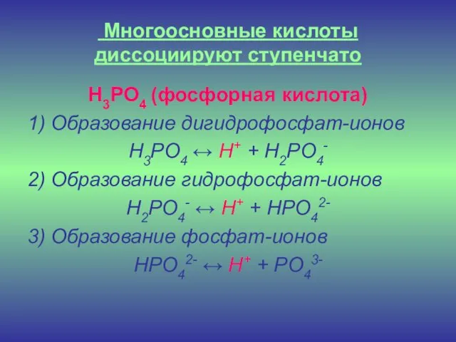 Многоосновные кислоты диссоциируют ступенчато H3PO4 (фосфорная кислота) 1) Образование дигидрофосфат-ионов