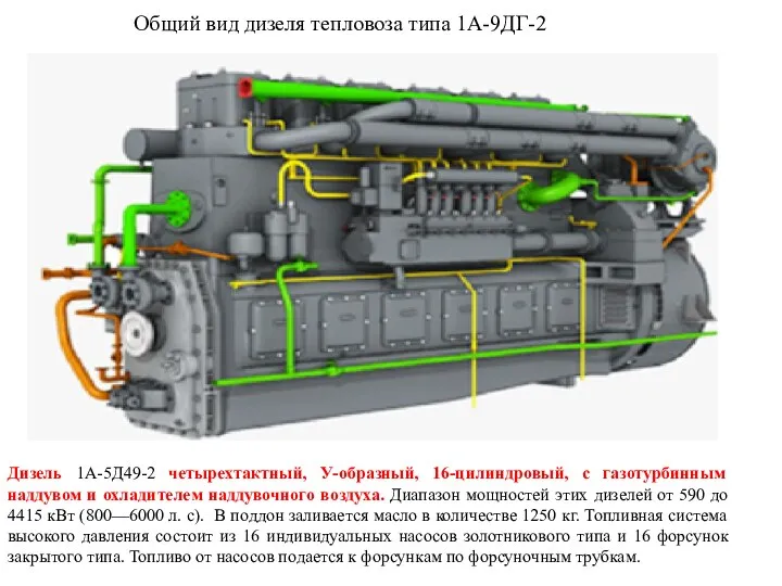 Общий вид дизеля тепловоза типа 1А-9ДГ-2 Дизель 1А-5Д49-2 четырехтактный, У-образный,