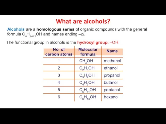 What are alcohols? Alcohols are a homologous series of organic