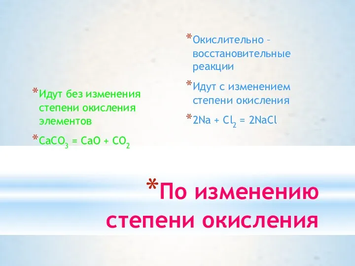 По изменению степени окисления Идут без изменения степени окисления элементов