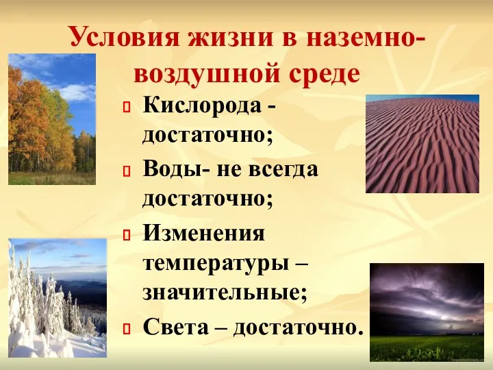 Условия жизни в наземно-воздушной среде Кислорода - достаточно; Воды- не