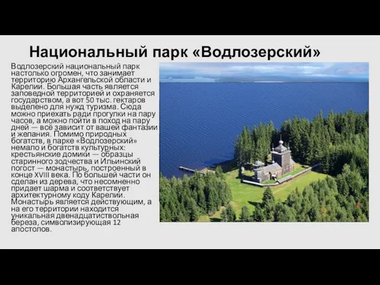 Национальный парк «Водлозерский» Водлозерский национальный парк настолько огромен, что занимает территорию Архангельской области