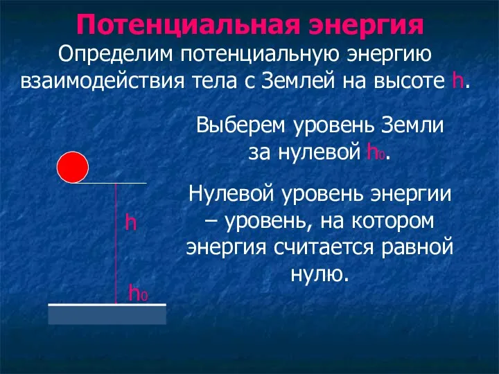 Потенциальная энергия Выберем уровень Земли за нулевой h0. Определим потенциальную