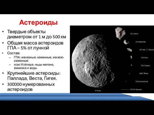 Твердые объекты диаметром от 1 м до 500 км Общая масса астероидов ГПА