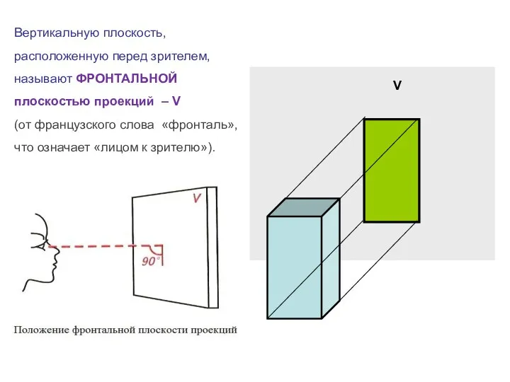V Вертикальную плоскость, расположенную перед зрителем, называют ФРОНТАЛЬНОЙ плоскостью проекций – V (от