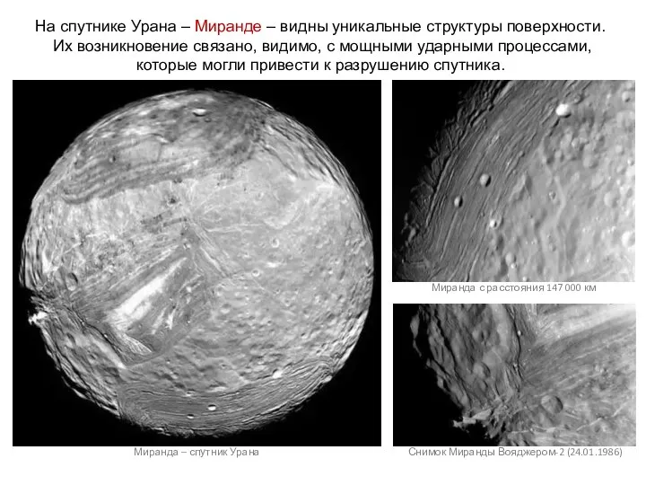 На спутнике Урана – Миранде – видны уникальные структуры поверхности. Их возникновение связано,