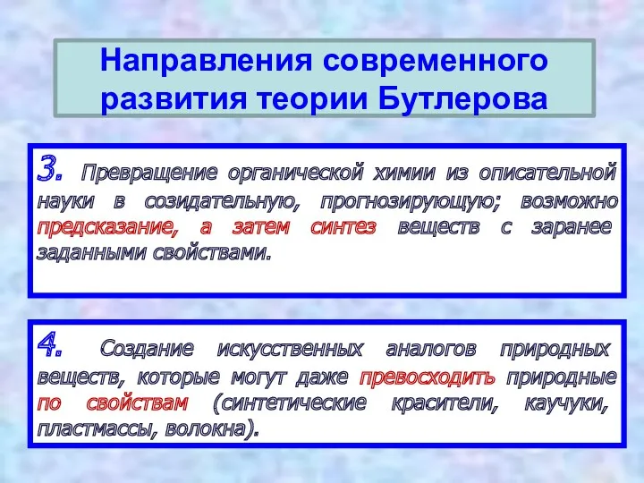 3. Превращение органической химии из описательной науки в созидательную, прогнозирующую;