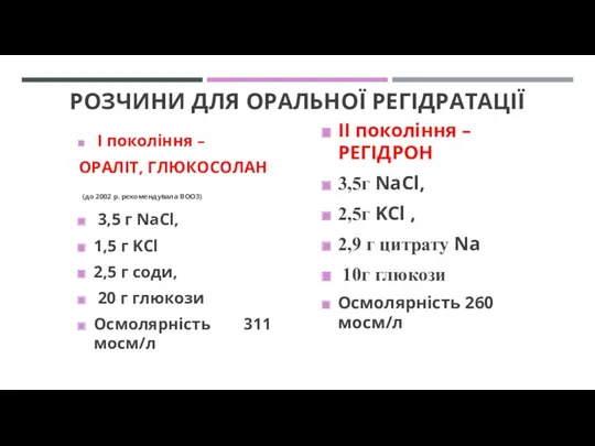 РОЗЧИНИ ДЛЯ ОРАЛЬНОЇ РЕГІДРАТАЦІЇ II покоління – РЕГІДРОН 3,5г NaCl,