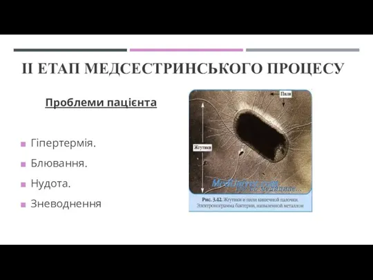 ІІ ЕТАП МЕДСЕСТРИНСЬКОГО ПРОЦЕСУ Проблеми пацієнта Гіпертермія. Блювання. Нудота. Зневоднення