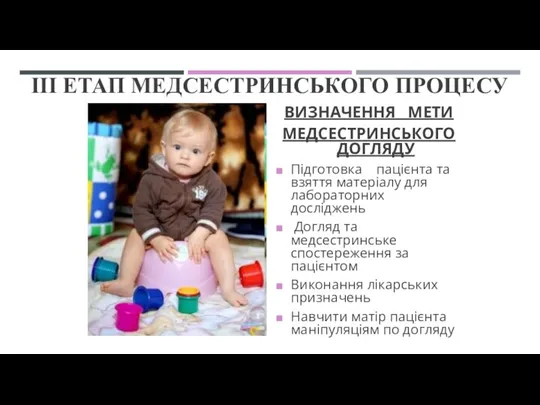 ІІІ ЕТАП МЕДСЕСТРИНСЬКОГО ПРОЦЕСУ ВИЗНАЧЕННЯ МЕТИ МЕДСЕСТРИНСЬКОГО ДОГЛЯДУ Підготовка пацієнта