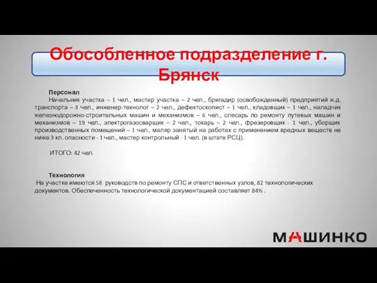 Обособленное подразделение г. Брянск Персонал Начальник участка – 1 чел.,