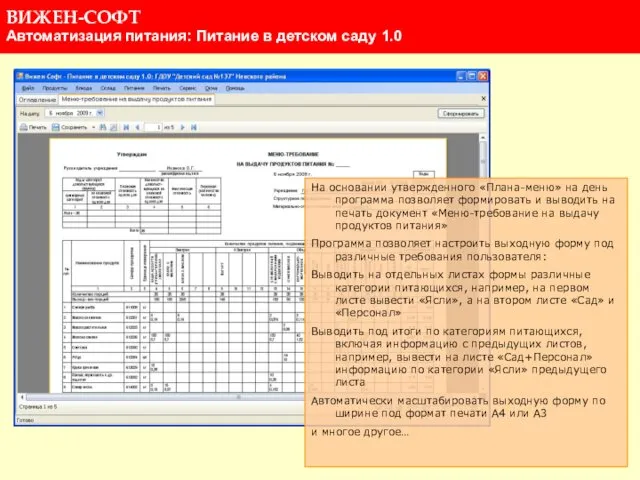 На основании утвержденного «Плана-меню» на день программа позволяет формировать и