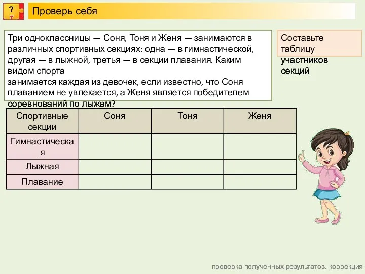 проверка полученных результатов. коррекция Три одноклассницы — Соня, Тоня и