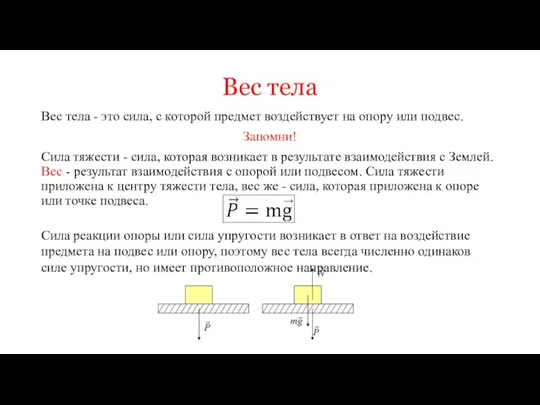 Вес тела Вес тела - это сила, с которой предмет