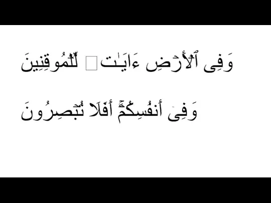 وَفِی ٱلۡأَرۡضِ ءَایَـٰتࣱ لِّلۡمُوقِنِینَ وَفِیۤ أَنفُسِكُمۡۚ أَفَلَا تُبۡصِرُونَ