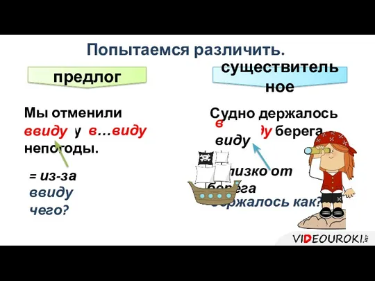 Судно держалось в…виду берега. Мы отменили поездку в…виду непогоды. Попытаемся