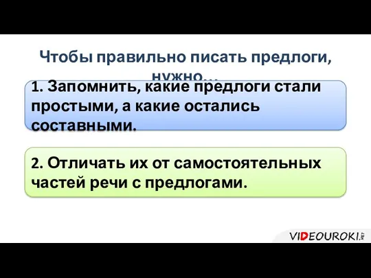 Чтобы правильно писать предлоги, нужно… 1. Запомнить, какие предлоги стали