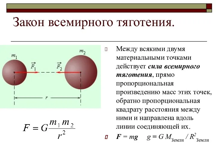 Закон всемирного тяготения. Между всякими двумя материальными точками действует сила