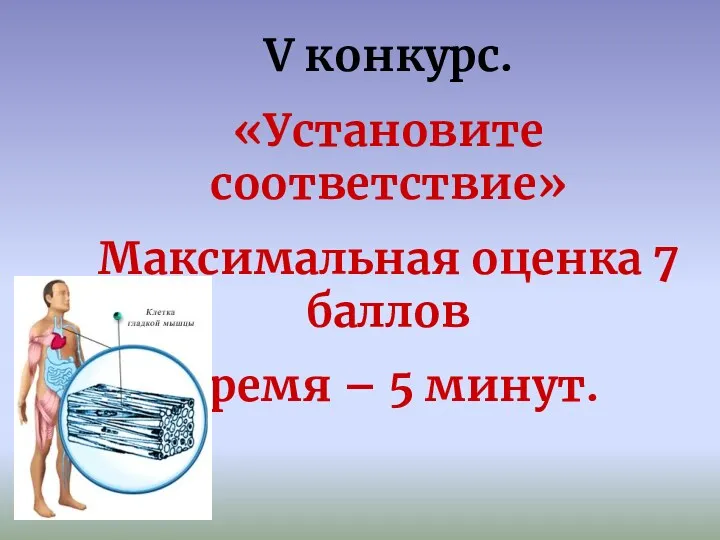 V конкурс. «Установите соответствие» Максимальная оценка 7 баллов Время – 5 минут.