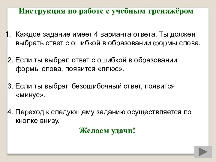 Инструкция по работе с учебным тренажёром Каждое задание имеет 4