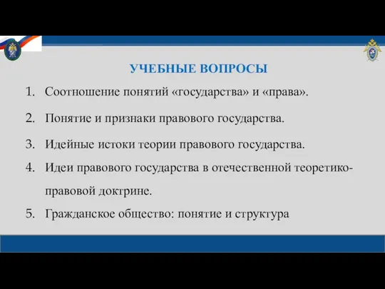 УЧЕБНЫЕ ВОПРОСЫ Соотношение понятий «государства» и «права». Понятие и признаки