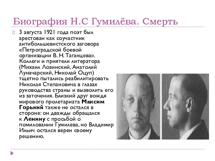 Биография Н.С Гумилёва. Смерть 3 августа 1921 года поэт был