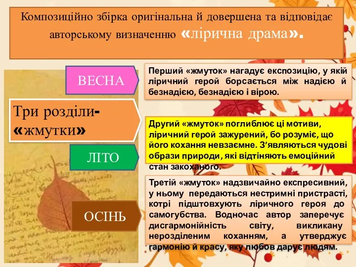 Композиційно збірка оригінальна й довершена та відповідає авторському визначенню «лірична