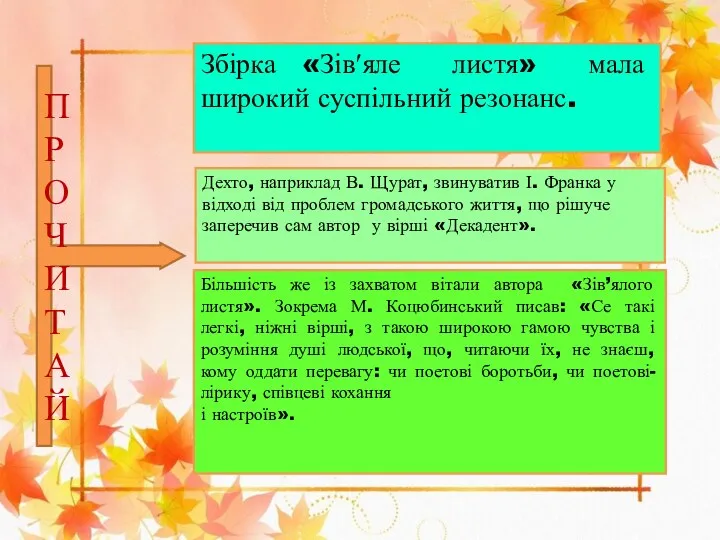 Збірка «Зівʹяле листя» мала широкий суспільний резонанс. Дехто, наприклад В.