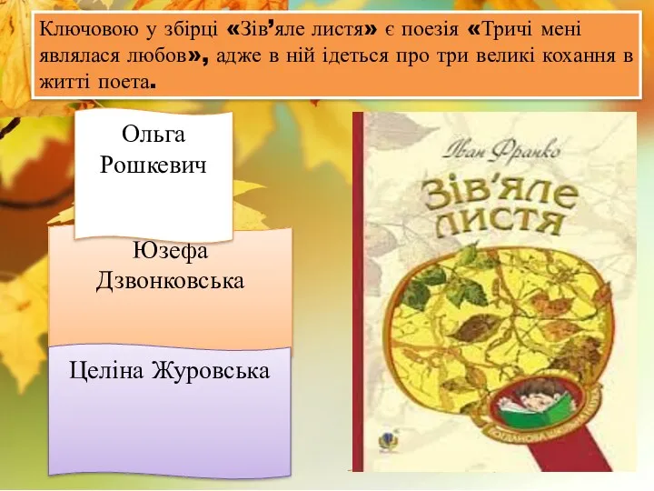 Ключовою у збірці «Зів’яле листя» є поезія «Тричі мені являлася