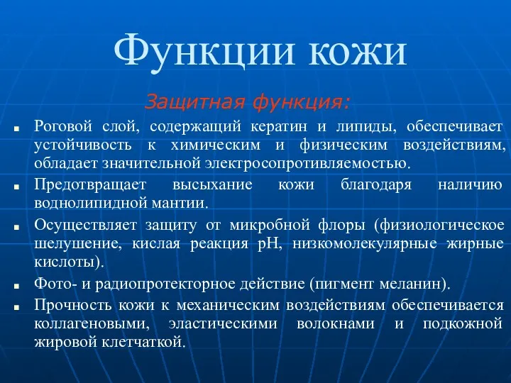 Функции кожи Защитная функция: Роговой слой, содержащий кератин и липиды,