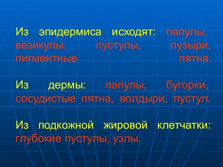 Из эпидермиса исходят: папулы, везикулы, пустулы, пузыри, пигментные пятна. Из