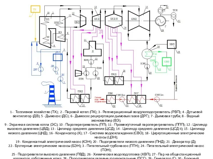 1 - Топливное хозяйство (ТХ); 2 - Паровой котел (ПК);